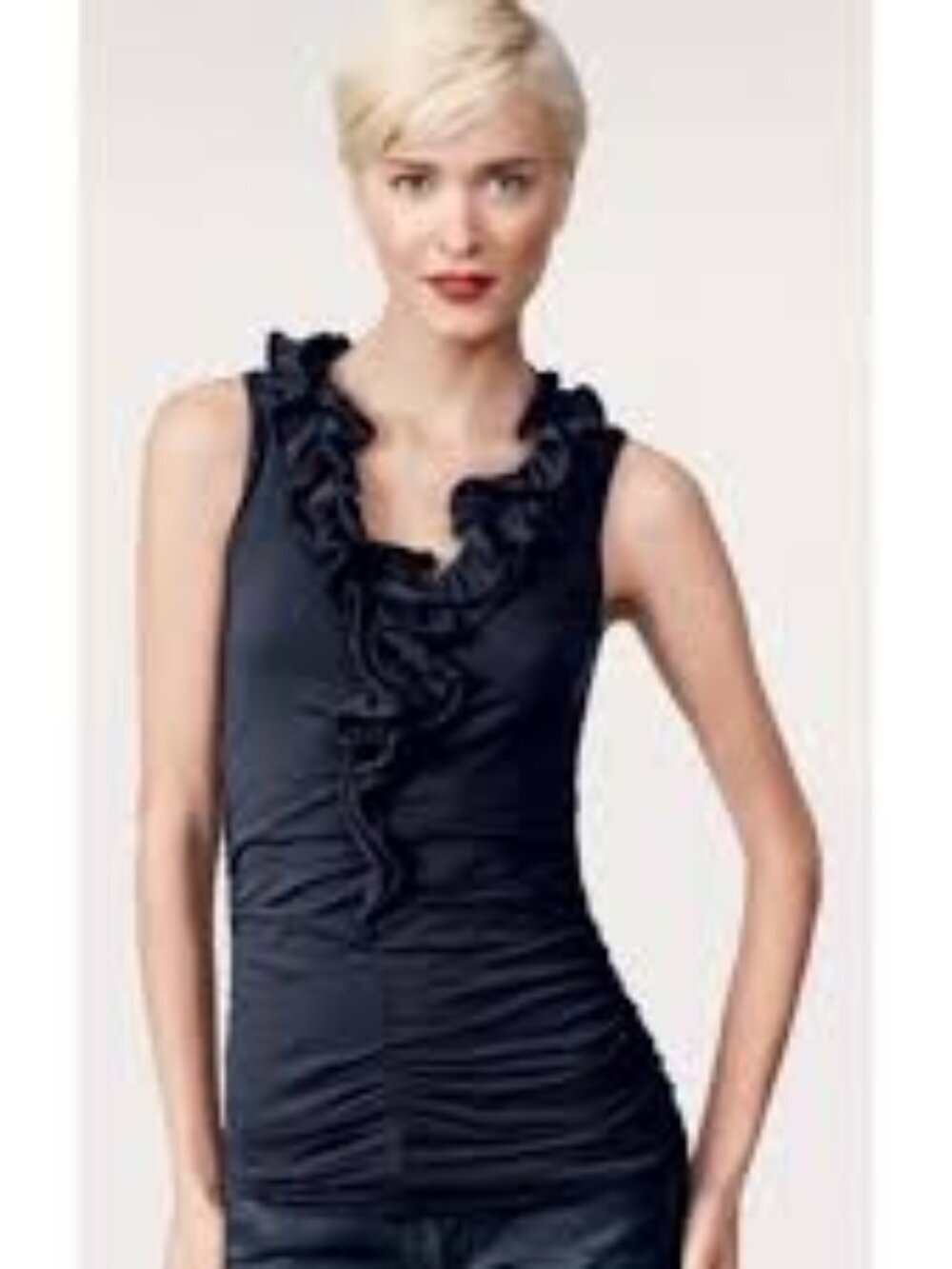CAbi Swoon Navy Blue Ruffle Ruched Sleeveless Top Stretch Bodycon Size M